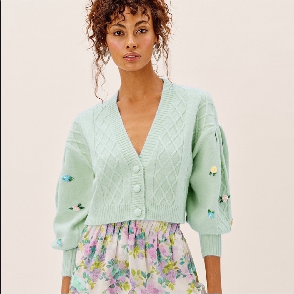 FLL Sweater Sutton Cardigan Cropped Sequin Floral Knit Puff-Sleeve Mint M NWT